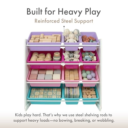 Kids Toy Organizer with 12 Bins - Tall White/Pink/Purple/Turquoise Storage Shelf