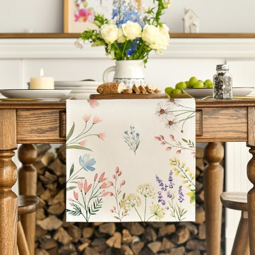 Artoid Mode Flowers Daisy Tulip Spring Table Runner 13x72 inch beige