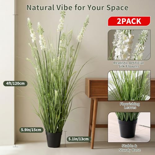 Artificial Tall Onion Grass Plants with Silk White Flowers - 4Ft, 2 Pack, Green & White Variation