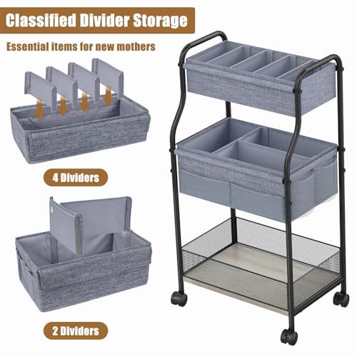 Gray 3-Tier Baby Diaper Caddy Organizer with Rollers & Dividers - Large Nursery Storage