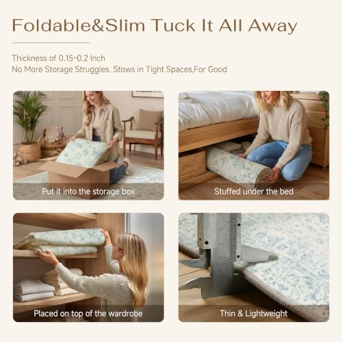 Blue 6x9 Washable Non-Slip Vintage Area Rug for Living Room - Low Pile