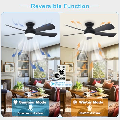 Depuley 42-Inch Black Ceiling Fan with Light & Remote Control - Indoor Outdoor, Dimmable, Reversible Blades, 6 Speeds, Timer