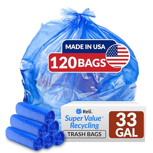 33 Gallon Recycling Trash Bags - Blue, 120 Count, Made in USA