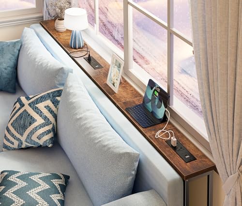 SUPERJARE 78.8-Inch Narrow Behind Couch Table with 2 Charging Stations, Rustic Brown, 5.7"D x 78.7"W x 29.7"H