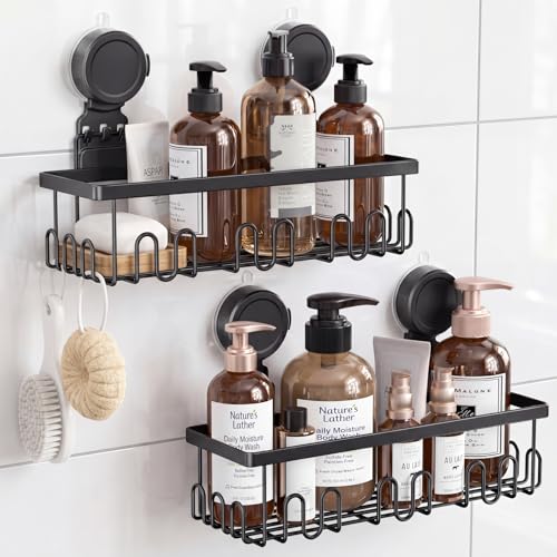 JOTPE Shower Caddy Suction Cup No Drill Bath Shelves 2 Pack - Black / Regular Set