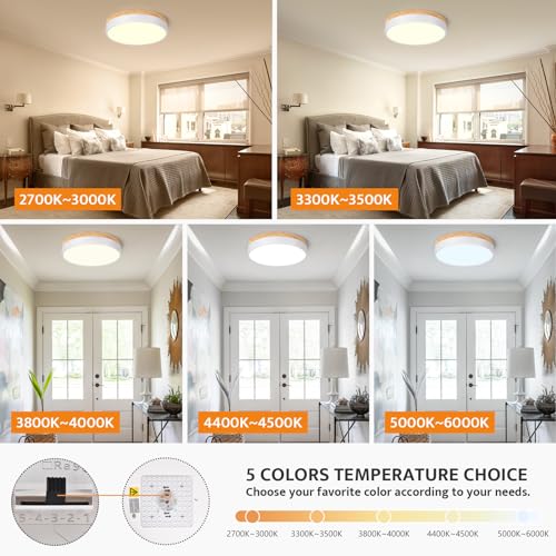Yiisem Dimmable 11.8-inch Wood LED Flush Mount Ceiling Light - White, Adjustable Color & Brightness