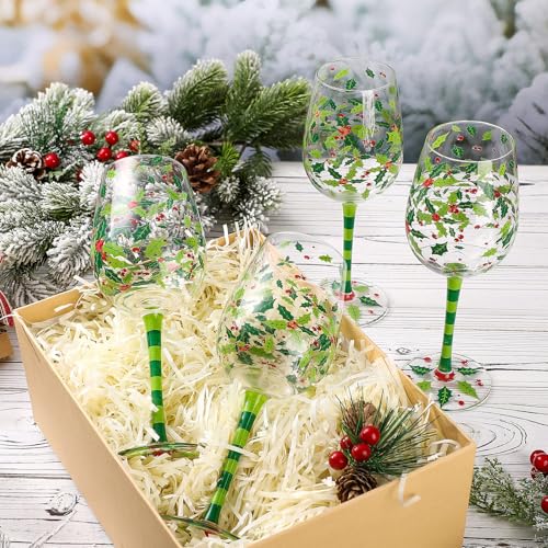 SiliFine 4 Pcs Christmas Holly Berry Stemmed Wine Glasses Set with Holiday Design