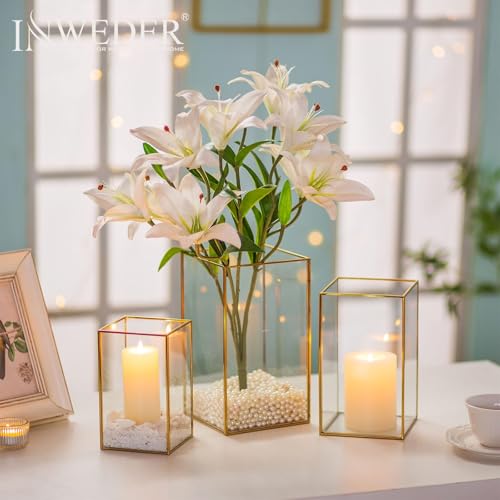 Hurricane Glass Candle Holder: Large Gold Lanterns Set of 3