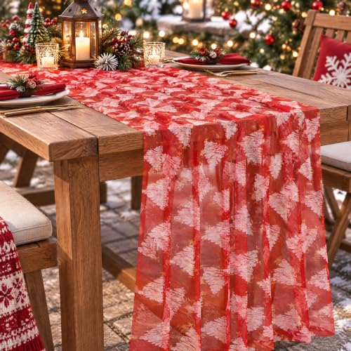SoarDream Red Christmas Tree Table Runner 29x120 Inch Holiday Tulle Linen
