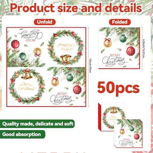 50 Pcs Christmas Paper Napkins 13 x 13 Inches, Disposable Luncheon Dinner Party Napkins Xmas Balls Wreath Theme for Winter Holiday Christmas Party Decorations