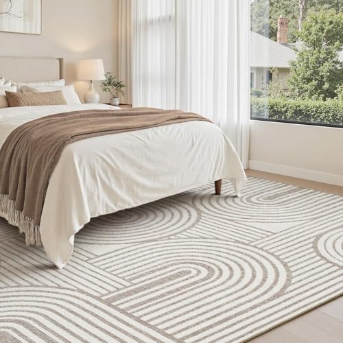 Beige 6x9 Area Rug with Textured High-Low Tufted Design - Modern Geometric, Washable, Non-Slip Backing