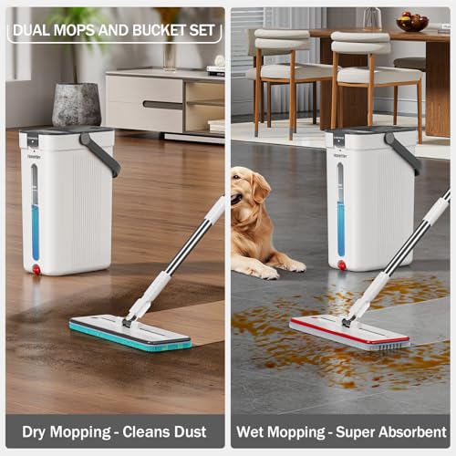 HoMettler White Dual Mop & Bucket System with Microfiber Pads & Extendable Handles