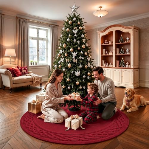 VOXOR Burgundy 60 Inch Knitted Christmas Tree Skirt with Bow Closure - Large Farmhouse Holiday Decor for 9-10 Feet Trees