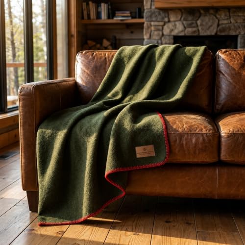 Whispering Winds Premium Wool Blanket Twin Size - Military Green 62x84