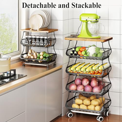 5-Tier Fruit and Vegetable Basket Stand with Wooden Top - Black, SAYZH