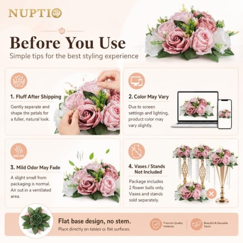 NUPTIO 10 Pcs Dusty Pink & White Fake Flower Balls for Table Centerpieces