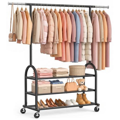Heavy Duty Rolling Clothes Rack with 3 Shelves Black - Adjustable & Portable