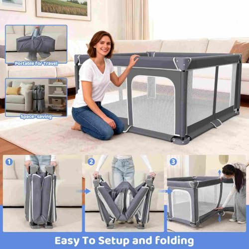 Foldable Baby Playpen with Mat - 50x50 Inch Safety Play Yard for Toddlers - Indoor & Outdoor, Portable Collapsible Design - Dark Gray