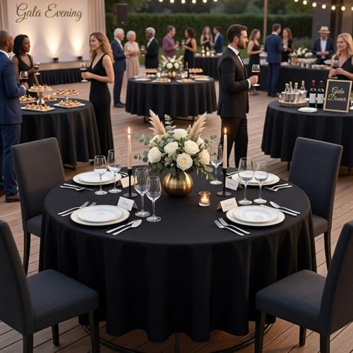 Black Round Tablecloth 8 Pack - 90 Inch for 36-72 Inch Tables - Elegant Polyester