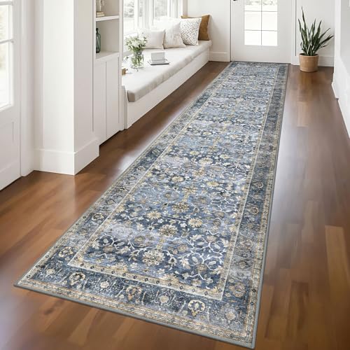 KUTA Vintage Washable Long Runner Rug 2.6x12 ft Blue Grey Beige Non-Slip for Hallways
