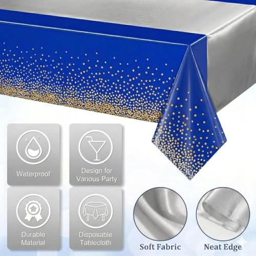 Idrese 8-Pack Tablecloths + 2 Blue Gold Satin Runners Set - 54x108in Plastic Table Cover