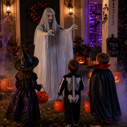 Fun Express Spooky Standing Ghost Girl Halloween Decoration - 5.7ft, Light-Up Eyes, Weather-Resistant Outdoor Prop