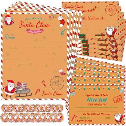 WorldBazaar Christmas Official Letter from Santa Gift Certificate for Kids 10 Sets Vintage Nice List Mailbox Santa Greetings Cards Gift Tags Stickers Envelopes