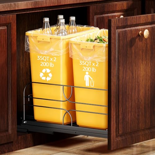 Black Double Pull Out Trash Can Under Cabinet with Soft Close Door Mount - RUNMI