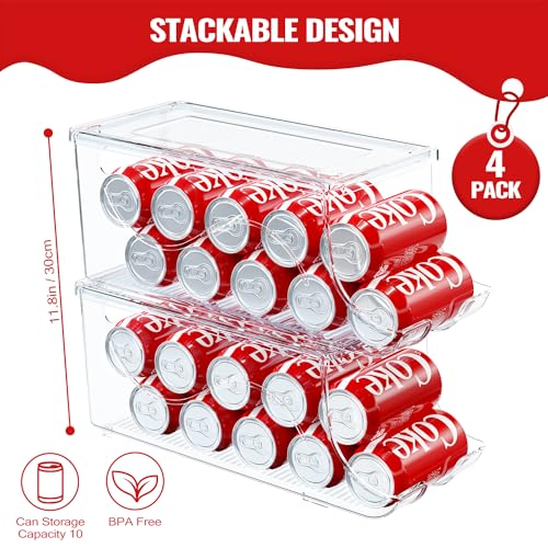 SCAVATA Transparent 4-Pack Stackable Refrigerator Can Organizer with Lids, Holds 10 Cans Each