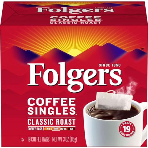 Folgers Medium Roast Coffee Singles Pack of 12 - 228 Single Serve Bags - Classic Roast / 19 Count
