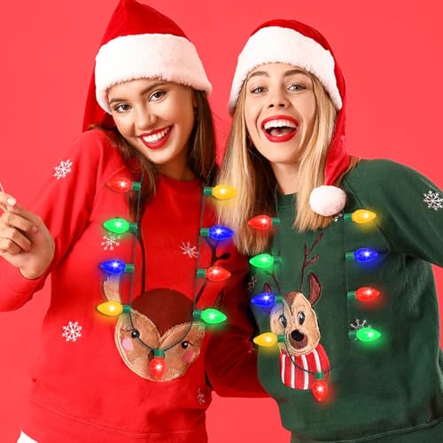 LED Light Up Necklace 9-LED Bulbs for Ugly Christmas Sweater Party Favors (3 Pack)