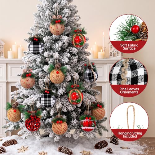 Elcoho 9 Pcs Red & Black Christmas Ball Ornaments with Plaid Designs, Jute Rope Hangers