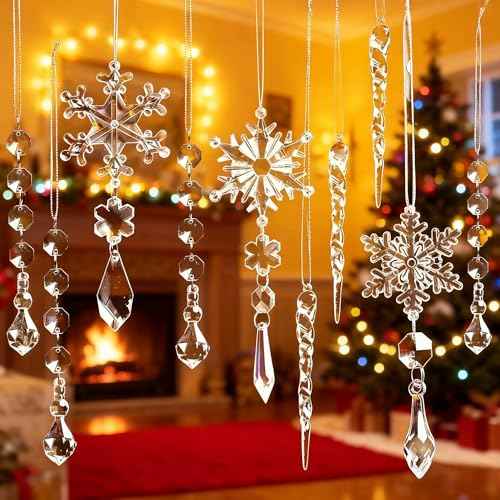 Christmas Ornaments for Tree Decorations - Hanging Acrylic Snowflake & Icicle Christmas Pendants for Winter Xmas Tree,New Year Party Supplies,DIY Holiday D?cor