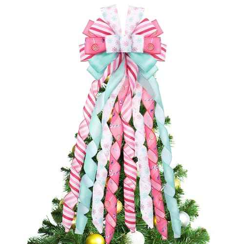 DIYDEC Pastel Christmas Tree Topper 43x13 Inches Large Christmas Tree Toppers Bows Pink Wreath Bow for Xmas Ornaments Party Holiday Home Wedding Decoration