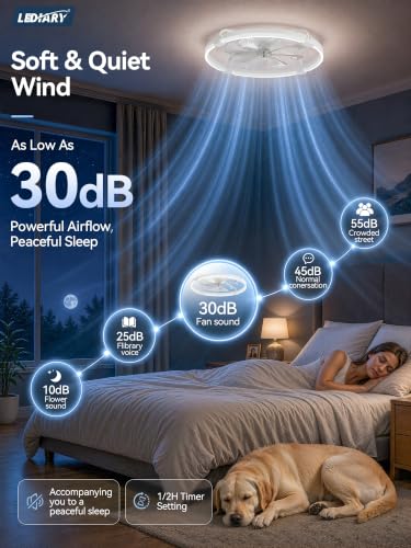 LEDIARY 24-Inch White Low Profile Ceiling Fan with Lights, Remote & App Control