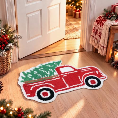 Tinideya Christmas Truck Bath Mat - Water Absorbing Flocked Shower Rug with Non-Slip Backing