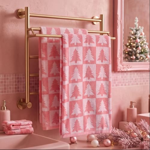 Batiyeer 2 pcs Christmas Tree Pink Checkered Bath Towels 27.5 x 55 Inch - Festive Holiday Gift Set
