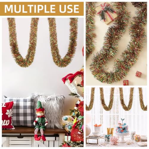 118 Feet Red Green Gold Christmas Tinsel Garland, Metallic Twist