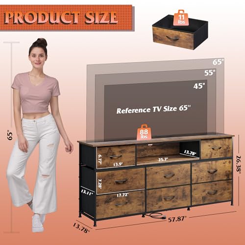 WLIVE Rustic Brown LED TV Dresser with 8 Drawers for 65 Inch TV, Storage & Lighting