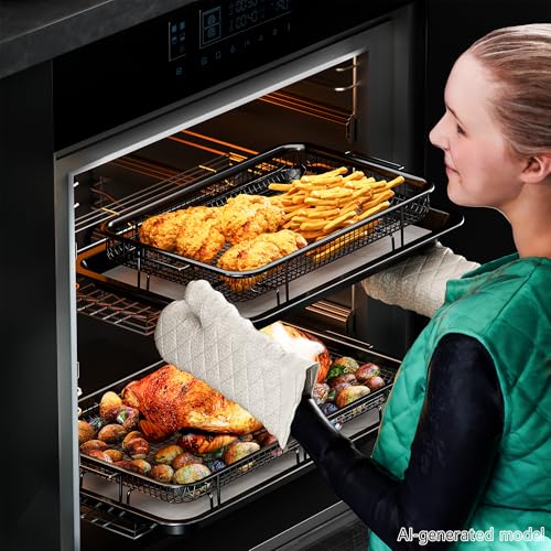 THORSES 2-Piece Oven Air Fryer Basket and Tray Set - Large M & Small L, Black