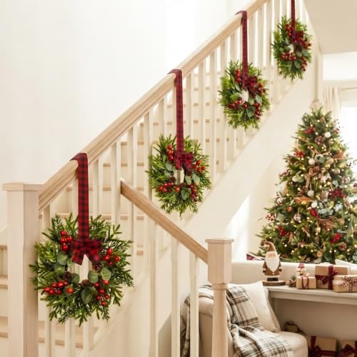 JUSTOTRY 2pc Mini Christmas Wreath with Red Berry Pine Eucalyptus - Kitchen Cabinet Window Decor