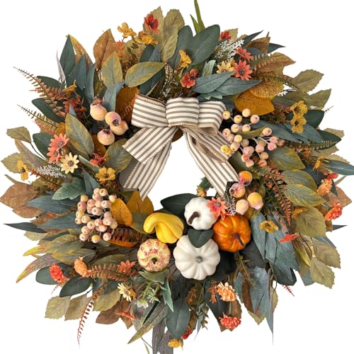 Fall Wreath for Front Door - 24 Inch Pumpkin & Eucalyptus Farmhouse Decor - Variation 09-Farmhouse