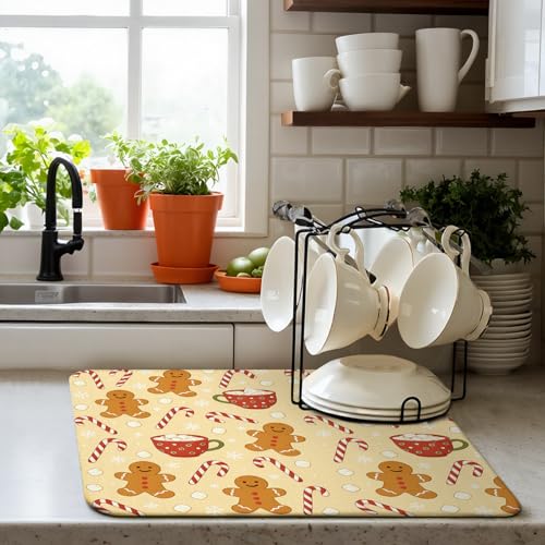 Christmas Drying Mat for Kitchen Counter 16" X 18" Gingerbread Dish Drying Mat for Kitchen Decor Xmas Drying Mats For Home Counter Drying Mats For Dishes Dish Mat Drying Mat