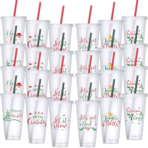 Funnymoom Christmas Plastic Cups with Lids and Straws, 24oz, Red & Green, 24 Pack