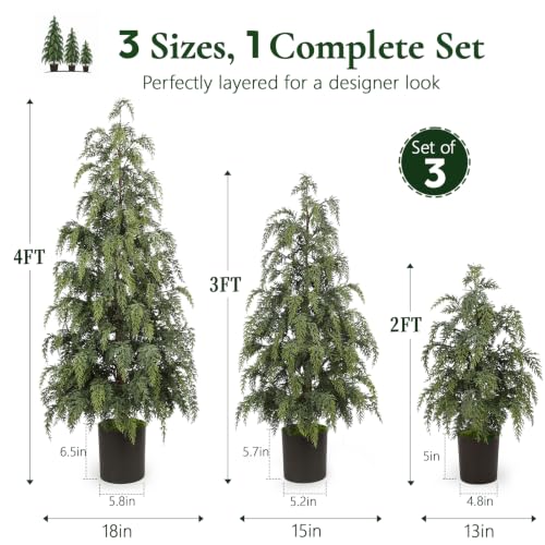 N&T NIETING 3-Pack Artificial Cedar Trees for Outdoors - 2FT, 3FT, 4FT, Realistic Faux Greenery Set, Stable Cement Base, Easy Assembly