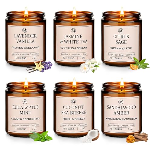 Scented Soy Candle Gift Set - 6 Fragrances, 42oz, Up to 300 Hours, Vanilla White Tea Sage Eucalyptus Sea Breeze Sandalwood