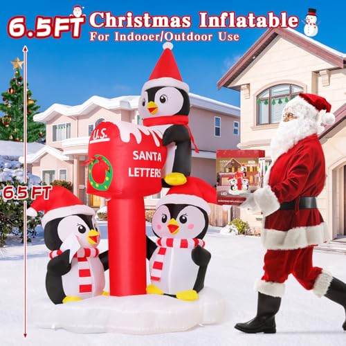 GOOSH 6.5 ft Christmas Inflatable Penguins with Santa Mailbox—LED Lighted Outdoor Yard Decor