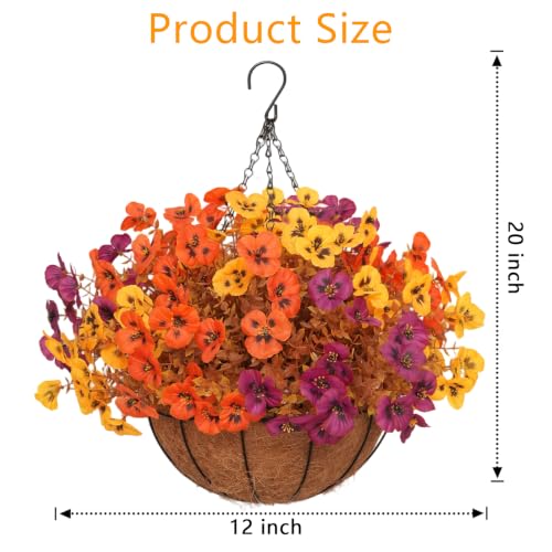 Fall Pansy Artificial Hanging Flower Baskets for Outdoor Autumn Decor - 2 Pack