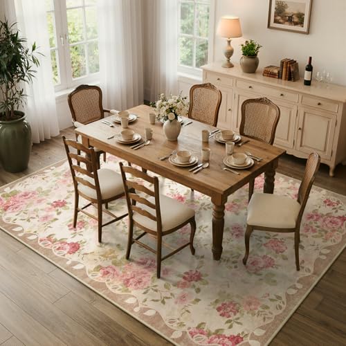6x9 Feet Washable Nursery Rug - Pink Floral Farmhouse Area Rug with Non-Slip Backing