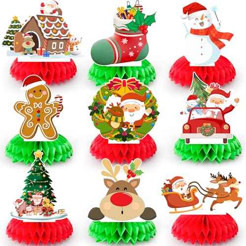 9 Pcs Christmas Honeycomb Centerpieces, Red and Green Honeycomb Centerpieces Santa Claus Snowman Elk Table Center Decorations for Merry Christmas Party Decorations Indoor Outdor